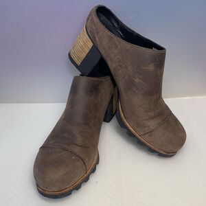 SOREL Addington Mule Boot Women Slip on Block Heel Brown Leather Shoe Womens 8.5